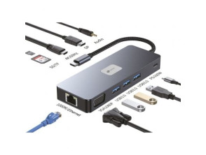 Docking USB Tipo-C Leotec LEDS03 - Hub USB com HDMI 4K, DisplayPort, VGA, Audio, RJ45, Leitor de Cartões SD e MicroSD