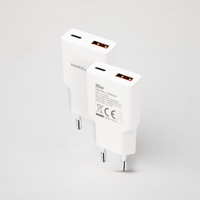 Carregador de Parede Branco NANOCABLE 20W 1xUSB-C PD 1xUSB-A/QC - Acessorio Smartphone
