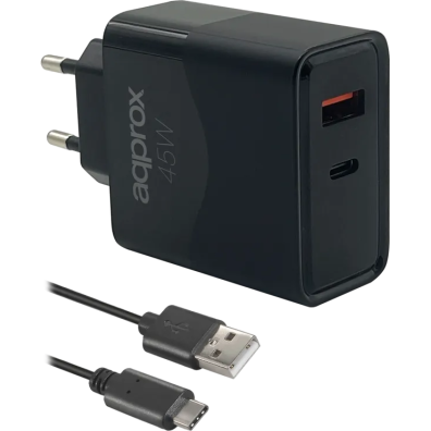 Carregador de Pared APPROX APPUSBWALL45W com Cabo USB-A USB-C - 45W, 1xUSB-C PD 1xUSB-A