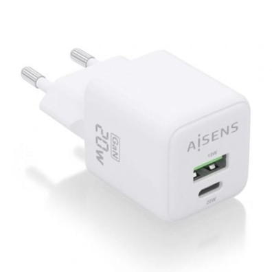Carregador de Pared GaN Aisens ASCH-20W2P010-W com 1xUSB Tipo-C/ 1xUSB