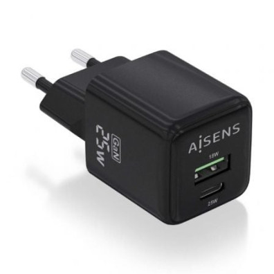 Carregador de Pared GaN Aisens ASCH-25W2P015-BK Tipo-C USB para Smartphones