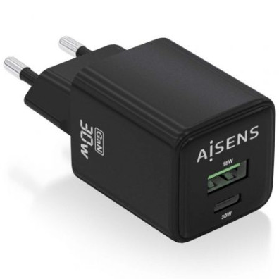 Carregador de Pared GaN Aisens ASCH-30W2P038-BK com 1xUSB Tipo-C e 1xUSB