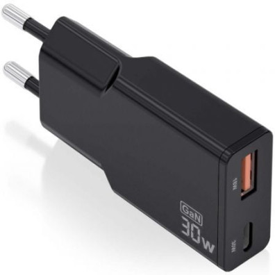 Carregador de Pared GaN Aisens ASCH-30W2P047-BK - 30W - 1xUSB Tipo-C - 1xUSB