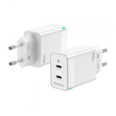 Carregador de Pared GaN Aisens ASCH-45W2P005-W/ 2xUSB Tipo-C