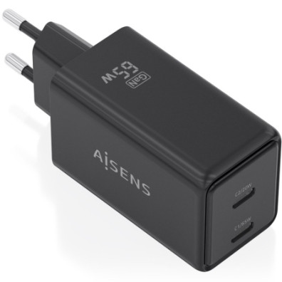 Carregador de Pared GaN Aisens ASCH-65W2P079-BK/ 2xUSB Tipo-C/ 65W