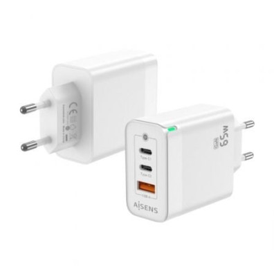 Carregador de Pared GaN Aisens ASCH-65W3P007-W com 2xUSB Tipo-C e 1xUSB