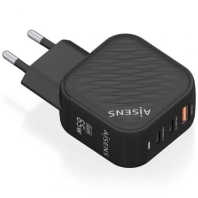 Carregador de Pared GaN Aisens ASCH-65W3P027-BK com 2xUSB Tipo-C e 1xUSB