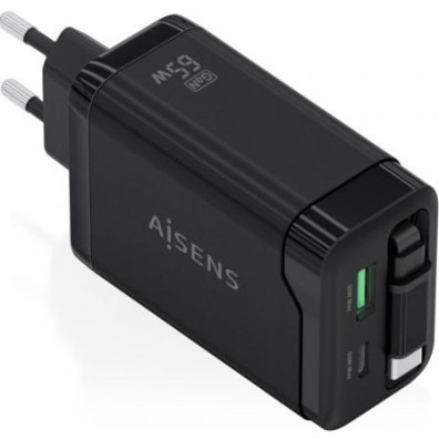 Carregador de Pared GaN Aisens ASCH-65W3P071-BK/ 1xUSB Tipo-C/ 1xUSB/ 65W