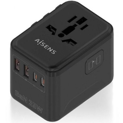Carregador de Pared Universal GaN Aisens ASPS-2A2C08-BK para Viagem com Toma de Corriente e 2xUSB Tipo-C/ 2xUSB