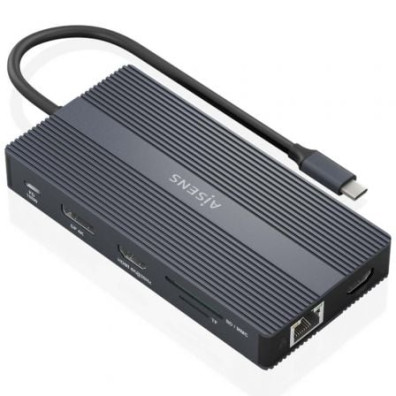 Docking USB Tipo-C Aisens ASUC-12P017-GR - 2xHDMI 4K, 4xUSB, RJ45, DisplayPort, Leitor Cartões, USB Tipo-C PD
