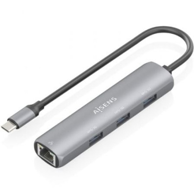 Hub USB Tipo-C Aisens ASUC-4P038-GR com 3xUSB e 1xRJ45