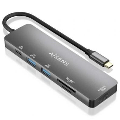 Docking USB Tipo-C Aisens ASUC-6P016-GR - 1xHDMI 4K/ 2xUSB/ 1xLector Cartões/ 1xUSB Tipo-C PD