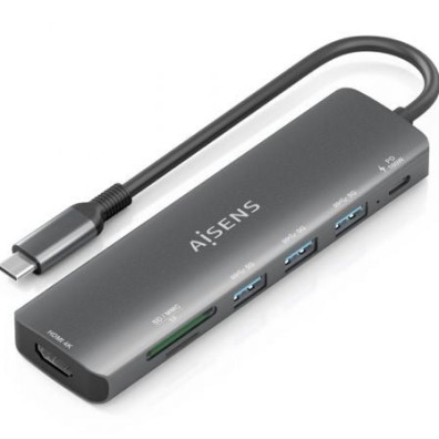 Docking USB Tipo-C Aisens ASUC-7P025-GR Multifuncional - HDMI 4K, 3xUSB, USB Tipo-C PD, Lector Cartões