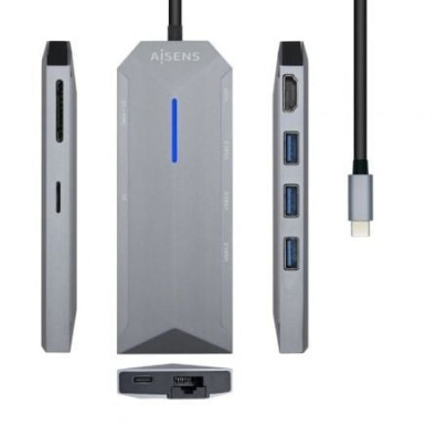 Docking USB Tipo-C Aisens ASUC-8P004-GR - 1xHDMI 4K/ 3xUSB/ 1xRJ45/ 1xLector de Cartões/ 1xUSB Tipo-C PD