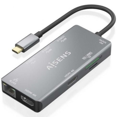 Docking USB Tipo-C Aisens ASUC-9P018-GR 2xHDMI 4K/ 3xUSB/ 1xRJ45/ 1xLector Cartões/ 1xUSB Tipo-C PD