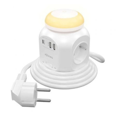Regleta Elétrica Aisens ASPS-2A1CLPQ02-W com Interruptor e Luz Nocturna - 4 Tomas de Corriente - 1 Porto USB Tipo-C PD - 2 Portos USB - Cabo 1.8m