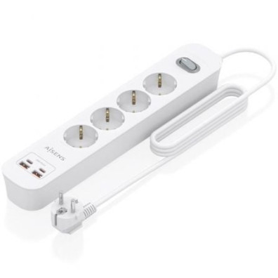 Tomas de Corrente USB Tipo-C Aisens ASPS-2A2C12-W/ Regleta com Interruptor / 4 Tomas de Corrente/ 2 USB / Cabo 1.4m