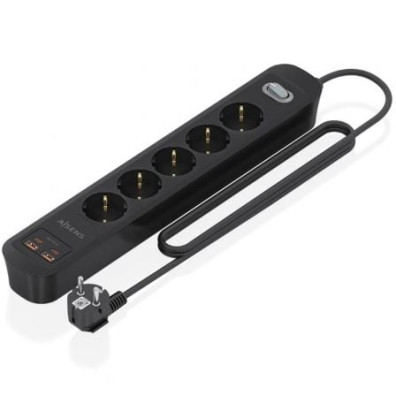 Regleta com Interruptor Aisens ASPS-2A2C15-BK/ 5 Tomas de Corrente/ 2 USB - 2 USB Tipo-C/ Cabo 1.4m - Preto