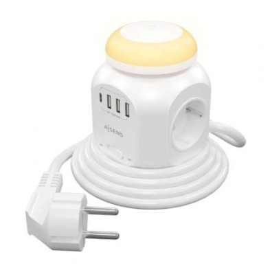 Regleta Aisens ASPS-3A1CL01-W com Interruptor, Luz Nocturna, 4 Tomas de Corriente, 1 USB Tipo-C, 3 USB e Cabo 1.8m