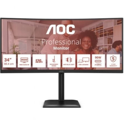 Monitor Profissional AOC CU34E4CV Curvo Ultrapanorámico 34 Pulgadas WQHD Multimedia Regulable em Altura