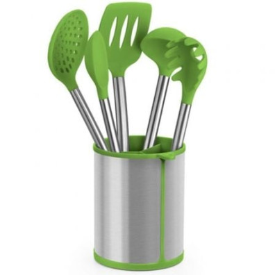 Set Utensílios de Cozinha Bra Prior - 5 Peças: Bote Porta Utensílios, Espátula, Cuchara, Pasta, Cazo e Espumadera