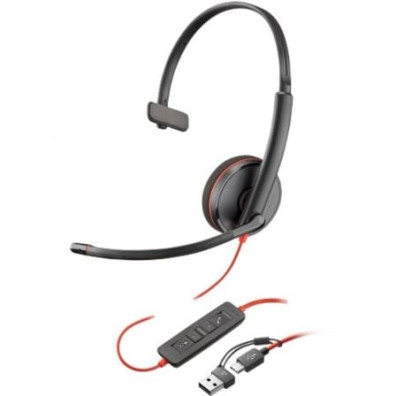 Auricular Poly Blackwire 3210 + Adaptador USB-C/A/ com Micrófono/ USB Tipo-C/ Bulk - Preto