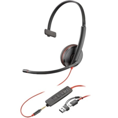 Auricular Poly Blackwire 3215 com Adaptador USB-C/A e Micrófono - Jack 3.5mm