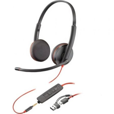 Auriculares Poly Blackwire 3225 com Micrófono e Adaptador USB-C/A, Jack 3.5, USB Tipo-C - Bulk