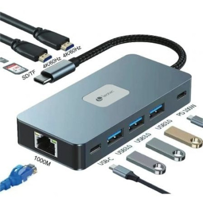 Docking USB Tipo-C Leotec LEDS02 - 3xUSB 2xHDMI 4K RJ45 Leitor Cartão SD e MicroSD