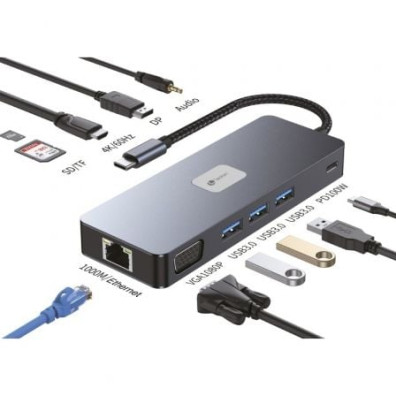 Docking USB Tipo-C Leotec LEDS03 - Hub USB com HDMI 4K, DisplayPort, VGA, Audio, RJ45, Leitor de Cartões SD e MicroSD