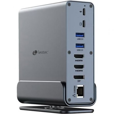 Docking USB Tipo-C Leotec LEDS06 com 5xUSB, 2xUSB Tipo-C, 1xUSB Tipo-C PD, 1xDisplayPort, 2xHDMI 4K, 1xRJ45, 1xJack 3.5, 1xLector de Cartões