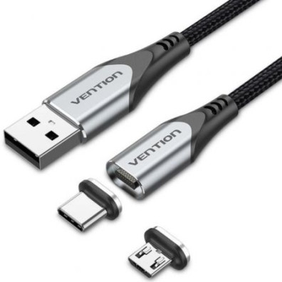 Cabo de Carga Magnético Tipo C USB – Adaptador MicroUSB – Vention – Até 60W – 480Mbps – 50cm