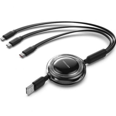 Cabo USB Retráctil Vention TRJBBE - USB Macho, Lightning, 2xUSB Tipo-C - 10Gbps, Até 17.5W, 1.1m
