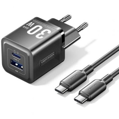 Carregador de Parede GaN Vention TZ-FEQB0-EU-01/ 1xUSB Tipo-C/ 1xUSB + Cabo USB Tipo-C - 30W