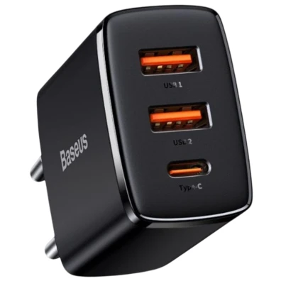 Baseus Compact Quick Charger 30W Preto Carregador de parede com 2xUSB-A e 1xUSB-C