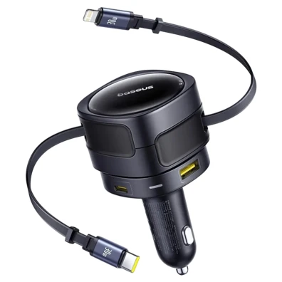 Carregador de Coche Baseus Enjoyment Max 90W com cabos USB-C+Lightning e portas USB-A+USB-C