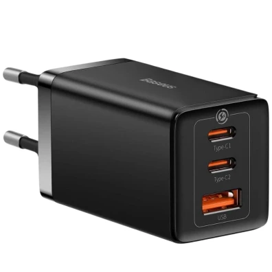 Carregador de Parede Baseus GaN5 Pro 65W com 2xUSB-C e 1xUSB-A em Cor Preto