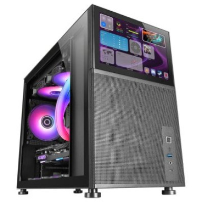 CAJA GAMING MICROATX Mars Gaming MC-LCD Negra com Tela IPS 8" Mini HDMI e Janela de Cristal Lateral