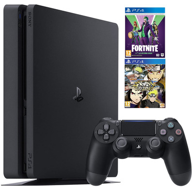 Consola PS4 Slim (500GB) Preto + Fornite Lote La Meia Risa + Naruto SUNS Trilogia