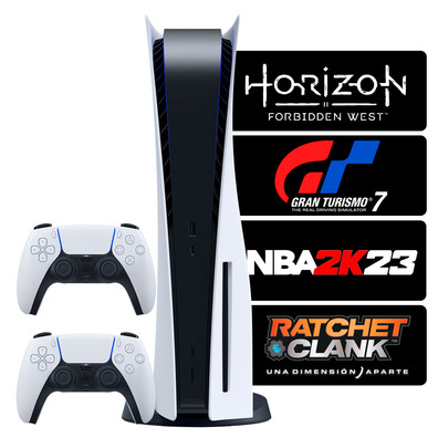 Consola PS5 + 2 Mandos + GT7 + NBA 2K23 + Ratchet + Horizonte
