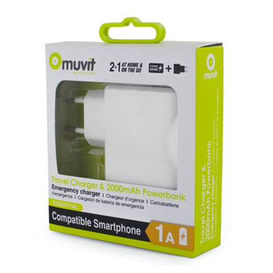 Transformador USB 1A + Bateria Externa 2000mAh Branca Muvit