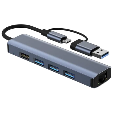 Houve USB 5 em 2 Tipo-C/RJ45 (Gigabit) Gris - BYL-2208 USB 3.0+USB 2.0