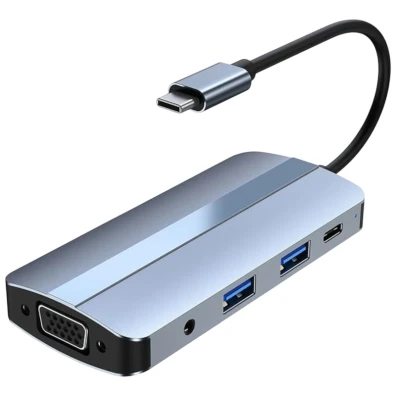 USB BYL-2105 8 em 1 USB-C Prata com VGA HDMI microSD TF - USB 3.0 2.0 Tipo C
