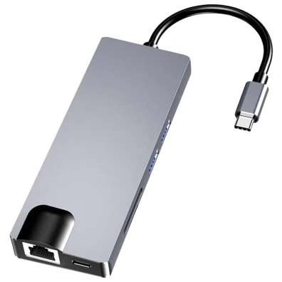USB-C 8 em 1 com HDMI, VGA, 2 USB 3.0, USB-C PD, SD/TF, RJ45 1000 Mbps