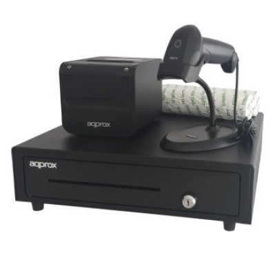 Kit TPV Approx Cajón Negro + Escáner + Impressora Térmica + Papel BPA