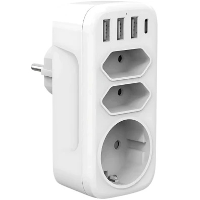 Ladrão de tomadas 4000W com 3 USB-A, 1 USB-C, 2 Tipo C, 1 Tipo F