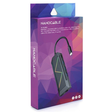 Hub Nanocable Hub USB 3.0 10.16.0801 USB/USB-C/HDMI/RJ45 / Lector Tarjetas Negro