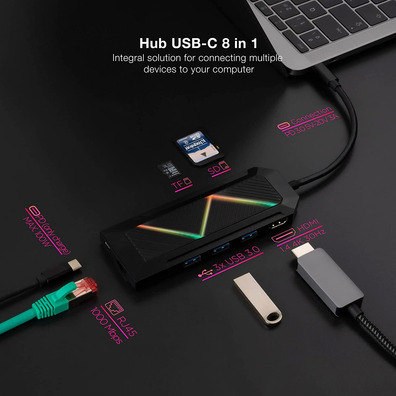 Hub Nanocable Hub USB 3.0 10.16.0801 USB/USB-C/HDMI/RJ45 / Lector Tarjetas Negro