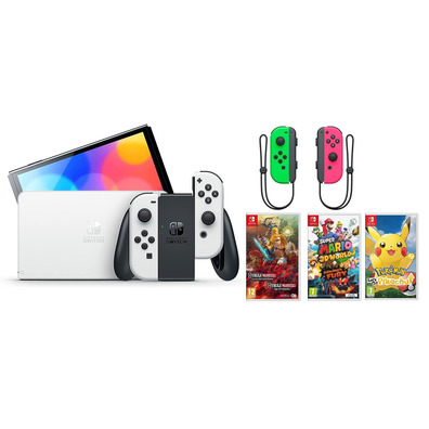 Nintendo Switch OLED (Blanca) + 3 Juegos + Joy Con Set (Verde / Rosa)