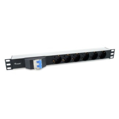 Tomas tipo Shucko Euro com Magnetotérmico - Regleta Alimentação Alumínio Rack 19" 1U 6 - Cabo 1.8m
